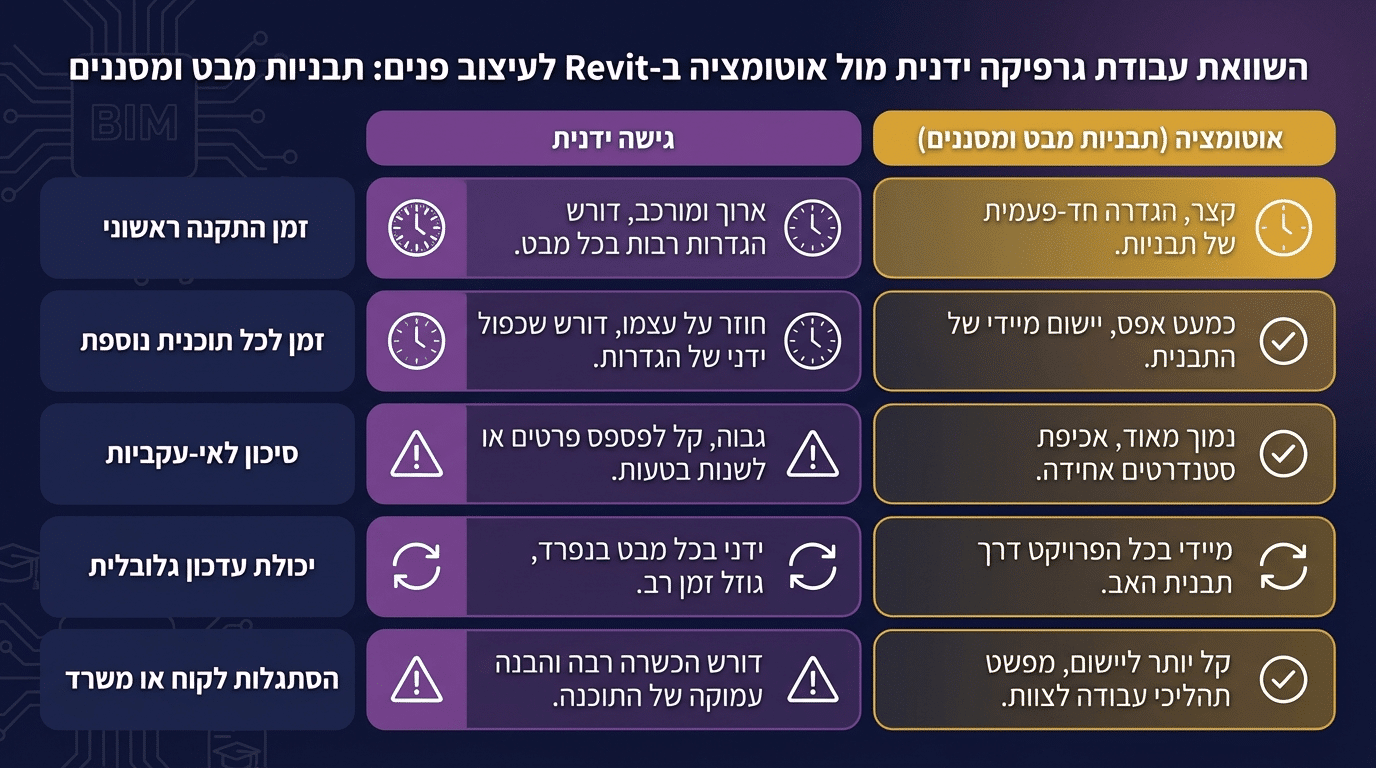 השוואה בין גרפיקה ידנית לשליטה אוטומטית ב-View Templates ופילטרים ברוויט