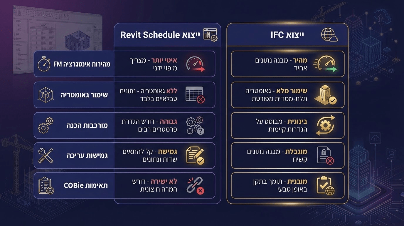 השוואה בין טבלאות רוויט לייצוא IFC למסירה