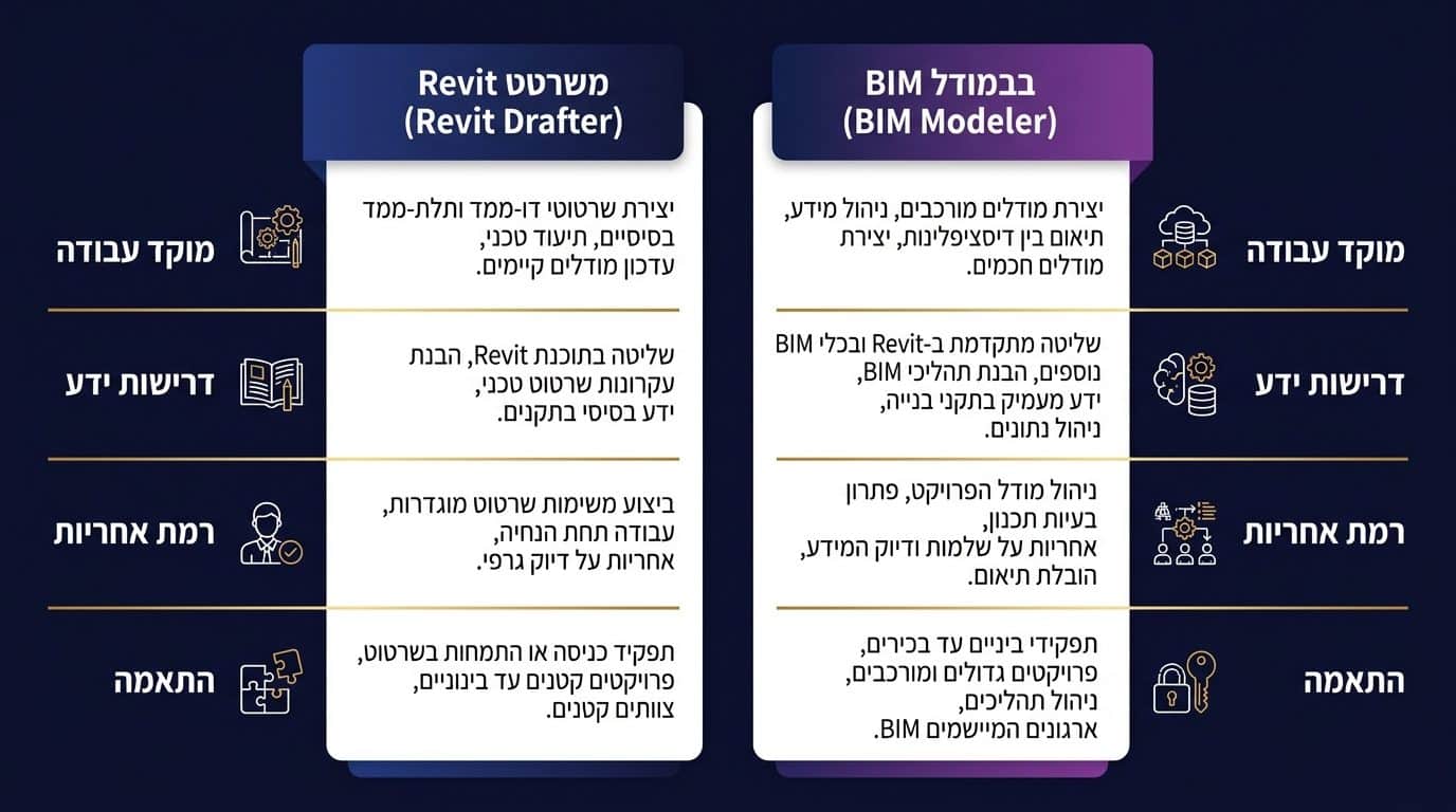 השוואה בין שרטט Revit לממדל BIM