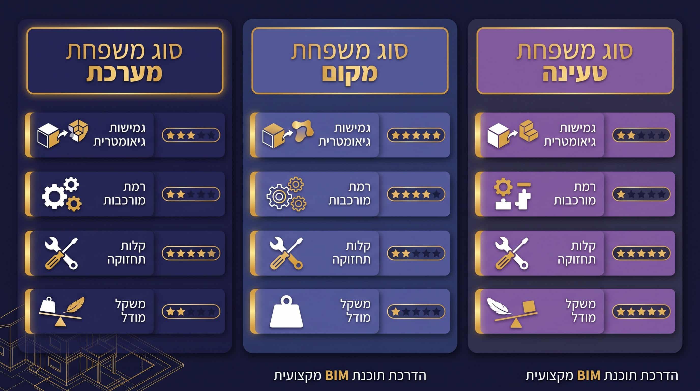 טבלה השוואתית: רכיב אדפטיבי, משפחה פרמטרית ומשפחה מקוננת